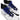 White sneakers with black soles and blue laces on a white background