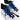 White sneakers with black soles and blue laces on a white background